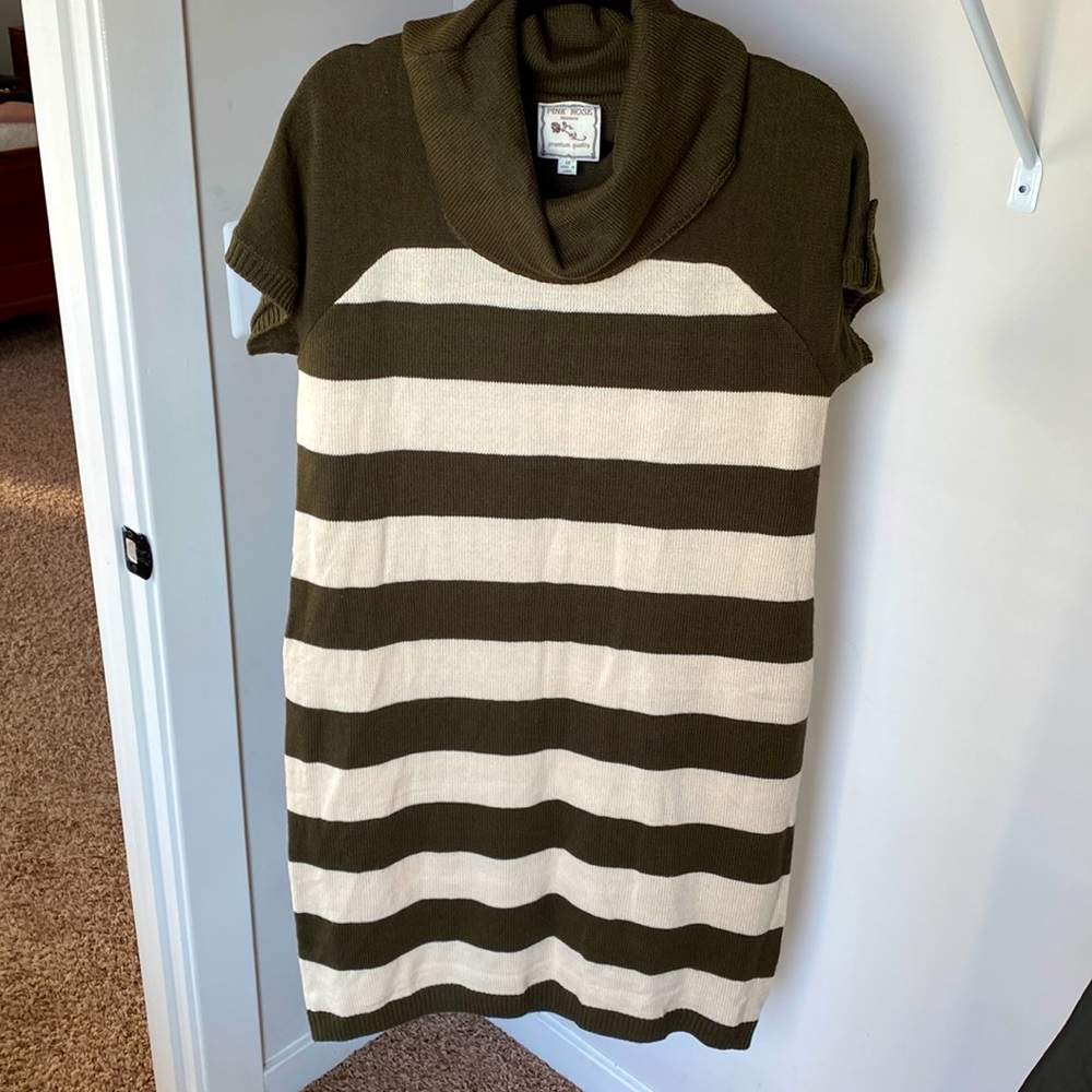 Pink Rose Olive Green Stripes Sweater Dress - 1X